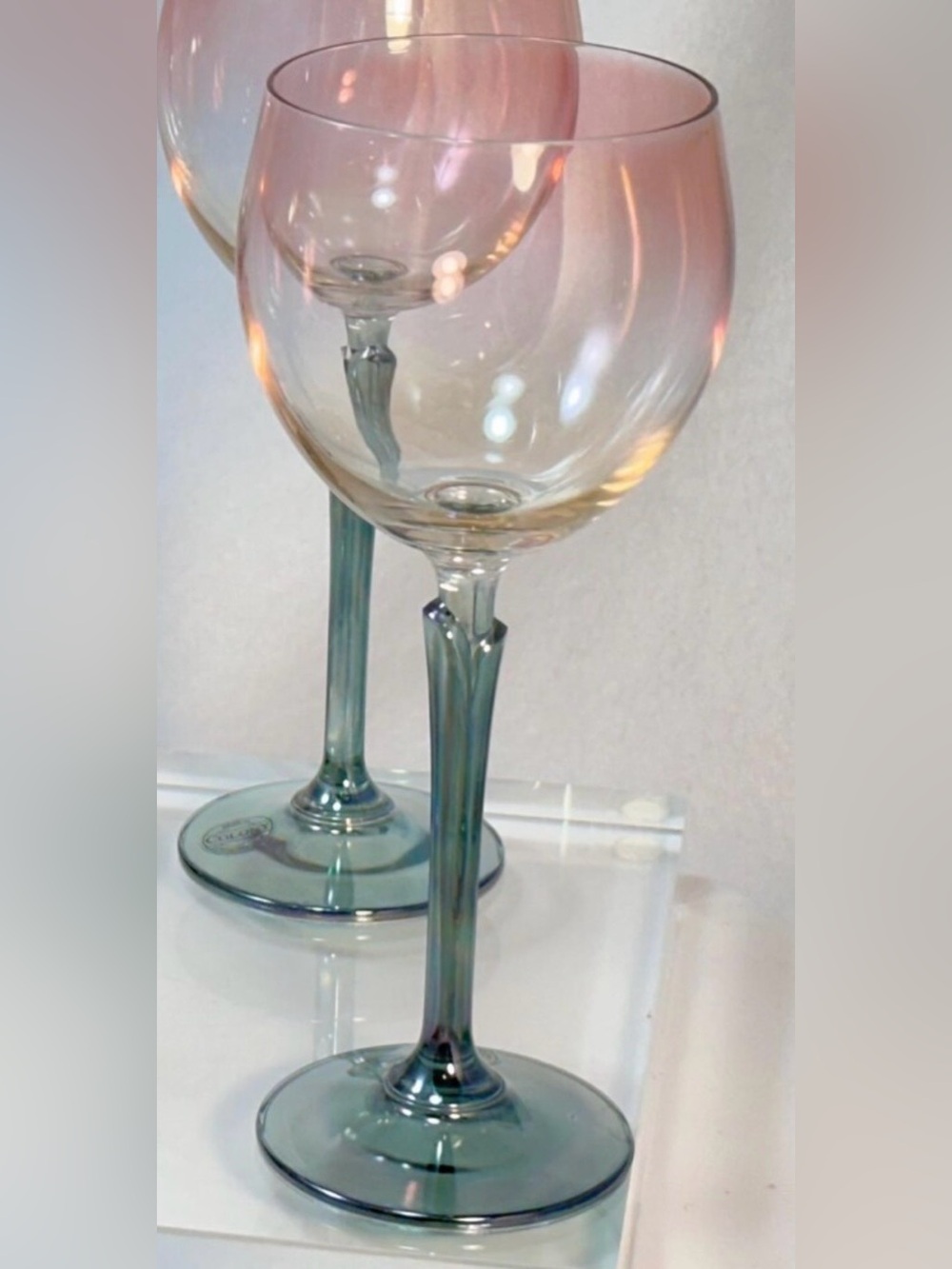 Brigitte Pink Crystal Tulip Wine Glasses, Iridescent w Green Stem, Czech,  set 3